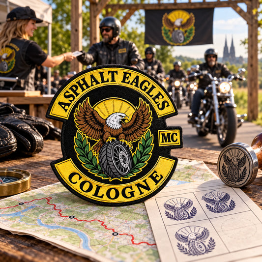 Motorcycle club anniversary ride participation patch featuring the authorized Asphalt Eagles Cologne identity in a milestone ride checkpoint with route map.