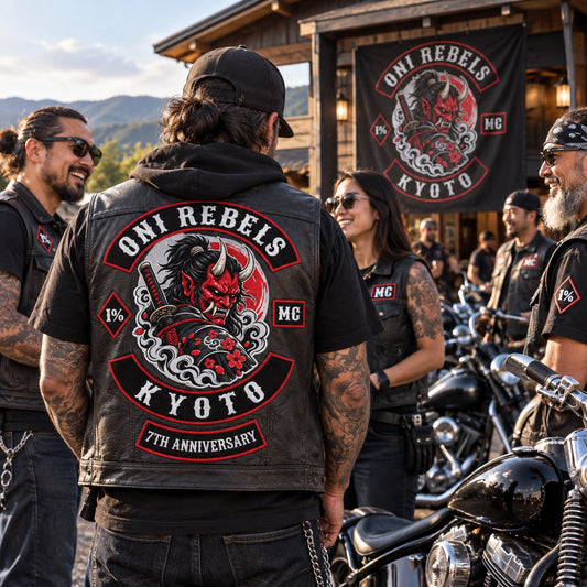 Motorcycle club chapter-specific milestone anniversary patch featuring the authorized Oni Rebels Kyoto identity in a chapter gathering at a tropical roadside clubhouse.