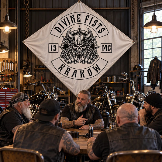 Motorcycle club members hold a chapter meeting beneath a custom diamond flag in an industrial garage clubhouse.