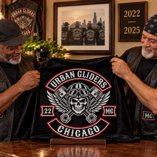 Motorcycle club club founding milestone anniversary patch featuring the authorized Urban Gliders Chicago identity in a clubhouse founding-anniversary presentation.