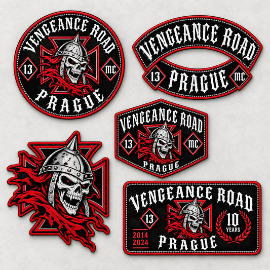 Motorcycle club multiple anniversary patch styles featuring the authorized Vengeance Road Prague identity in a studio arrangement of five different patch forms.
