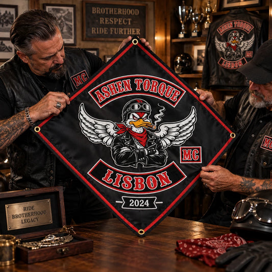 Two motorcycle club officers inspect the emblem and finished edge of a personalized diamond flag in a trophy room.