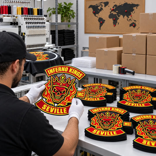 Finished motorcycle club back patches inspected and packed for worldwide club delivery.