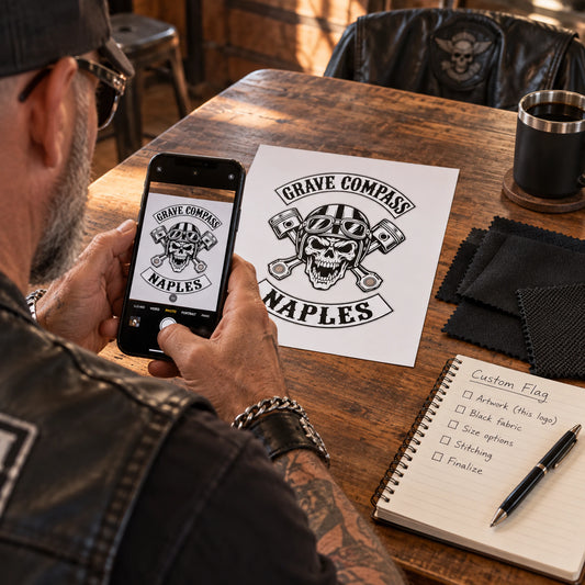 Club officer preparing authorized motorcycle club artwork for a custom flag request.