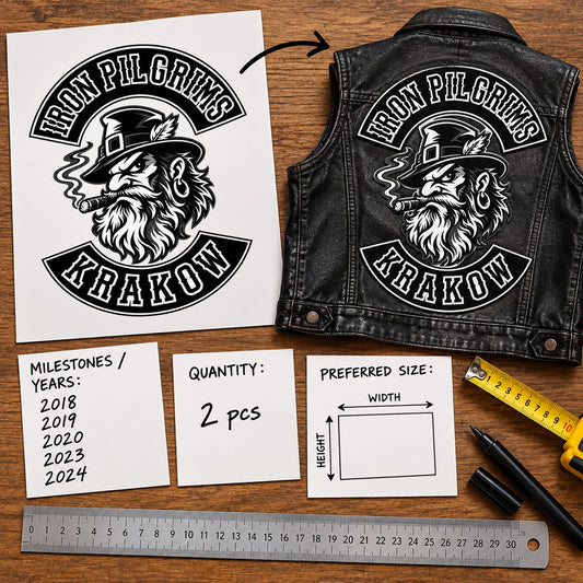 Motorcycle club order step one artwork submission featuring the authorized Iron Pilgrims Krakow identity in a submission desk with logo photo years quantity and size.
