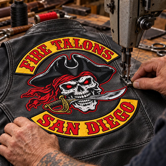 Large motorcycle club back patch being sewn onto a leather vest.
