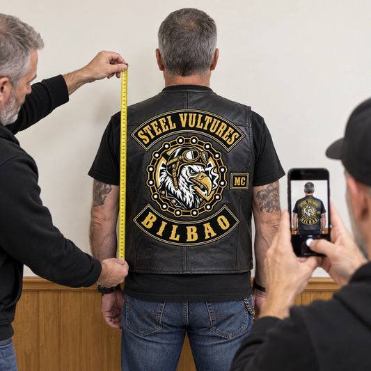 Straight rear photograph of a motorcycle vest with measuring tape visible for patch sizing.