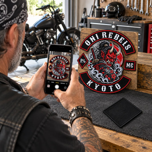 A rider photographs authorized club artwork beside a blank diamond flag fabric sample on a garage workbench.