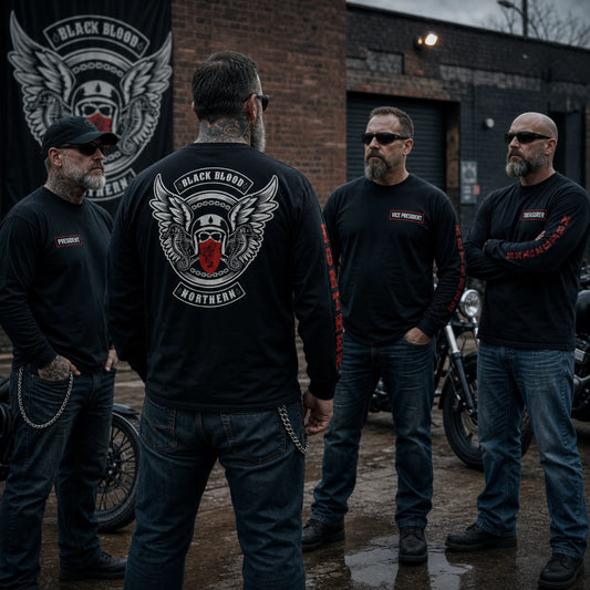 Motorcycle club members and officers wearing coordinated custom long-sleeve chapter uniforms.