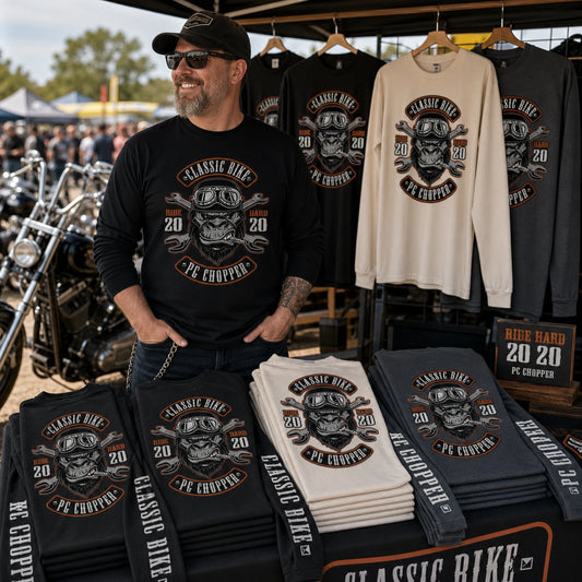 Custom motorcycle club long-sleeve shirts prepared as organized rally and supporter merchandise.