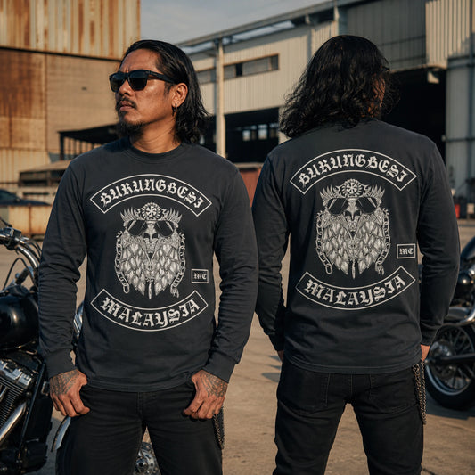 Custom motorcycle club long-sleeve shirts showing coordinated large front and supporting back prints.