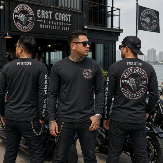 Complete motorcycle club long-sleeve uniform layout with chest, back, sleeve and member-role details.
