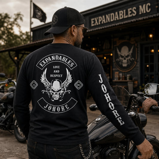 Custom motorcycle club long-sleeve shirt emphasizing coordinated chapter name and location details.