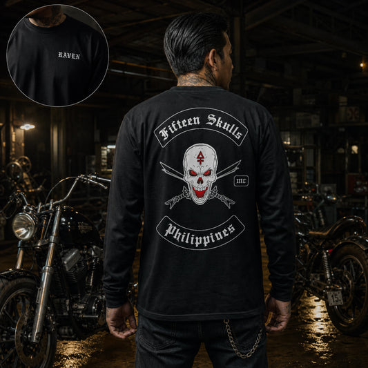 Personalized motorcycle club long-sleeve shirt showing an individual member road-name detail.