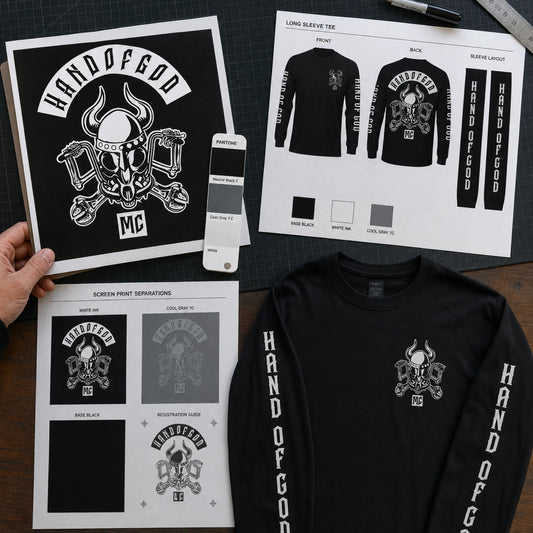 Authorized motorcycle club patch artwork, long-sleeve layout and designer tools on a production desk.
