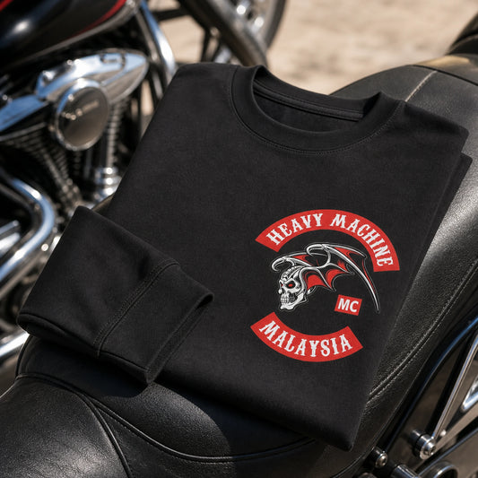 Close product view of natural cotton motorcycle club long-sleeve fabric and classic printed artwork.