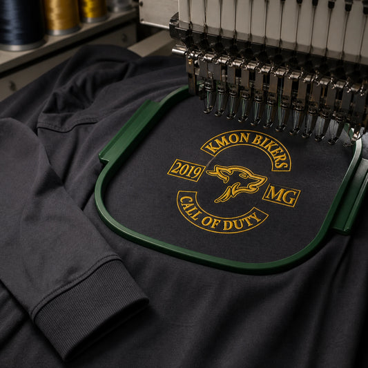 Compact motorcycle club chest emblem being embroidered onto a premium long-sleeve shirt.