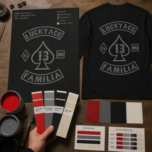 Club-color matching process with ink swatches and coordinated motorcycle club long-sleeve artwork.