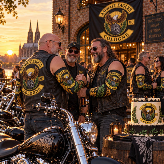 Motorcycle club anniversary event with members wearing custom arm sleeves