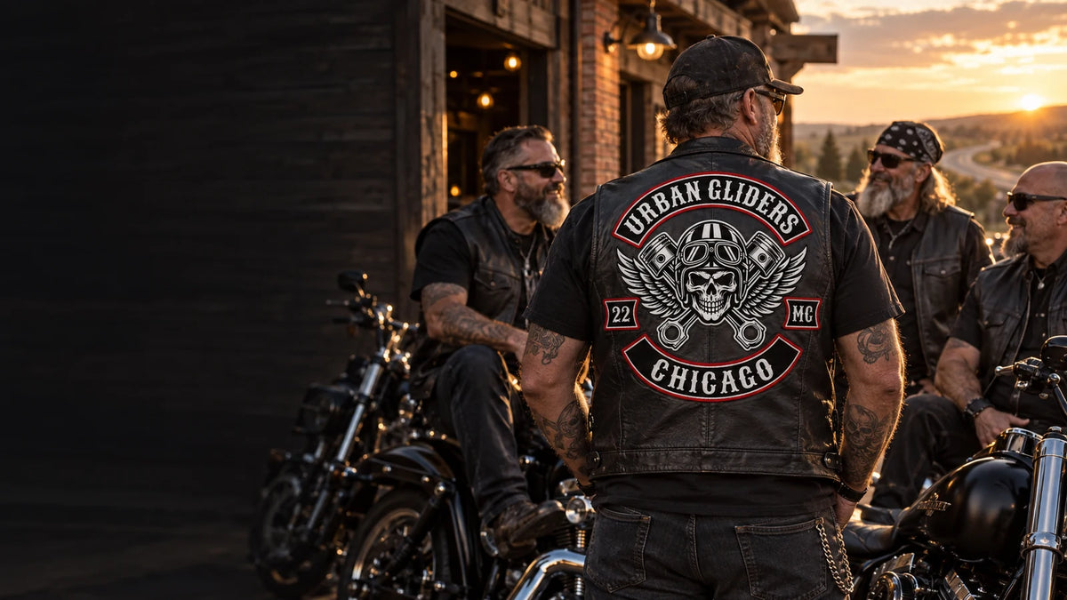 Custom Urban Gliders motorcycle club back patch on a leather vest at a clubhouse.