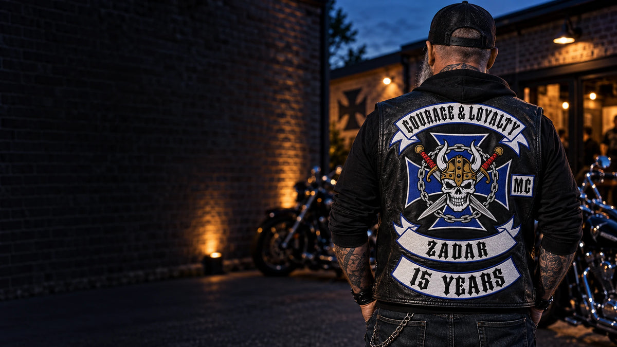 Motorcycle club anniversary back patch and milestone rocker displayed on the right side of a rider, with a dark brick text-safe area on the left.