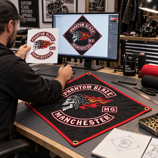 A designer creates a custom diamond flag layout from authorized motorcycle club artwork in a professional studio.