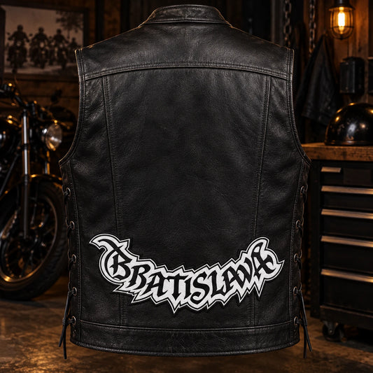 Complete leather motorcycle vest displaying a custom bottom rocker with a blank center panel.