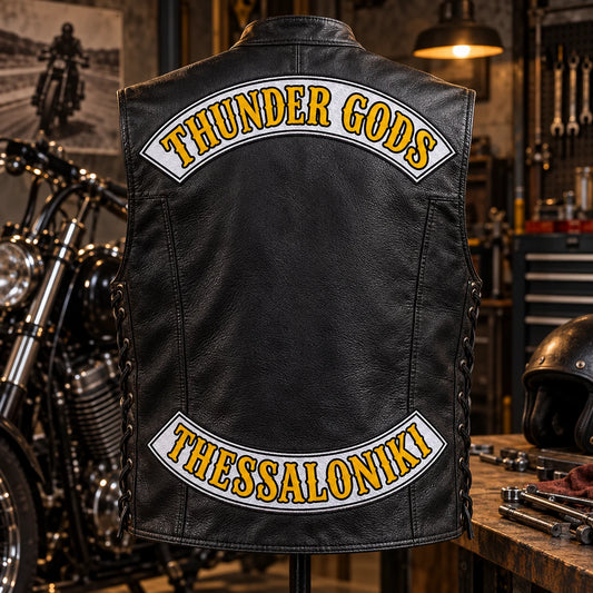 Complete black leather motorcycle vest displaying condensed block lettering on custom top and bottom rockers.