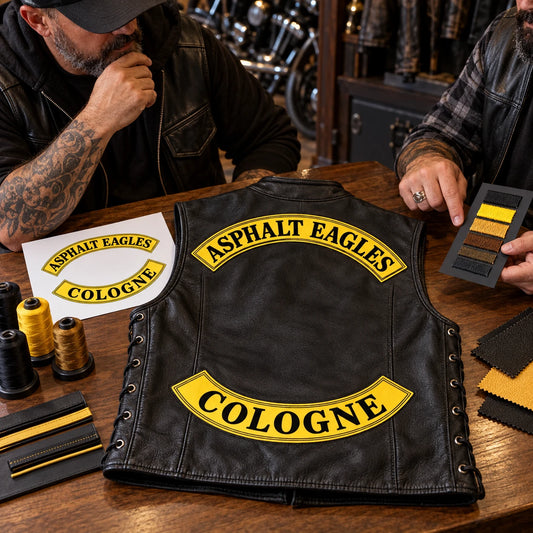 Motorcycle club customer confirming rocker colors, border and construction beside a complete leather vest.