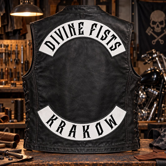 Complete motorcycle vest showing coordinated top and bottom rocker geometry with a blank center area.
