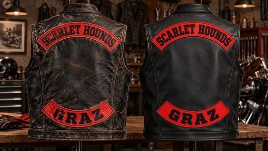 Two complete motorcycle vests comparing worn club rockers with newly matched replacements.