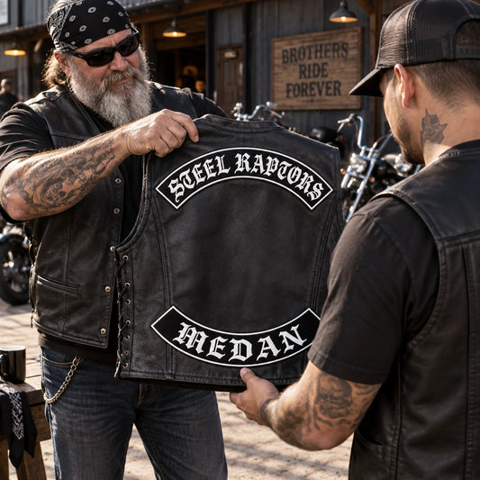 New motorcycle club member wearing matching top and bottom rocker patches on a complete vest.