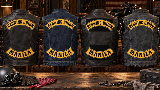 Four complete motorcycle vests comparing custom rocker border and backing constructions.