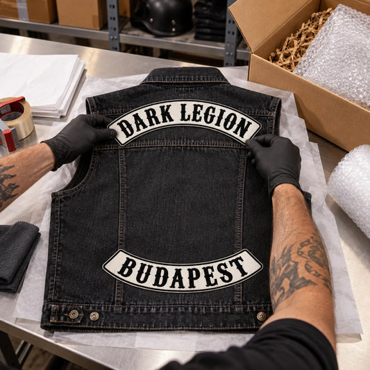 Finished custom motorcycle club rocker patches on a complete denim vest being inspected before worldwide shipping.