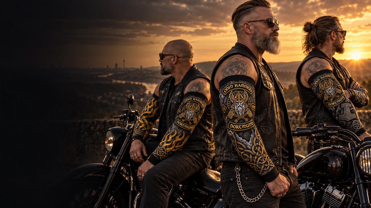 Custom motorcycle club arm sleeves worn by cruiser riders at golden hour