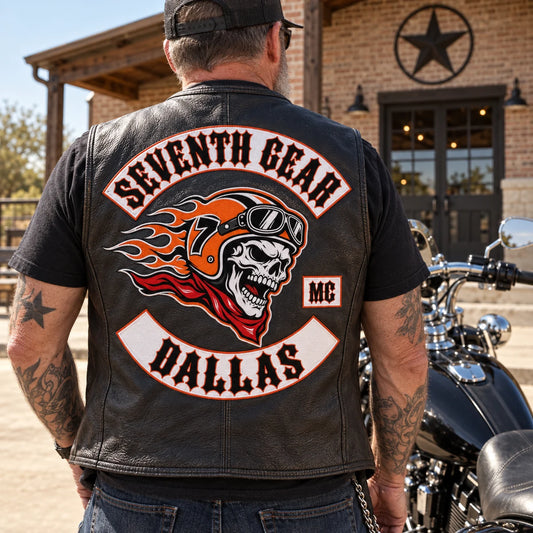 Complete Seventh Gear Dallas three-piece motorcycle club back patch set on a leather vest.