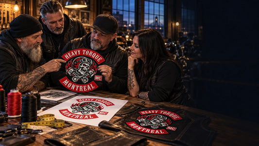 Motorcycle club members reviewing a finished Heavy Torque Montreal custom back patch.