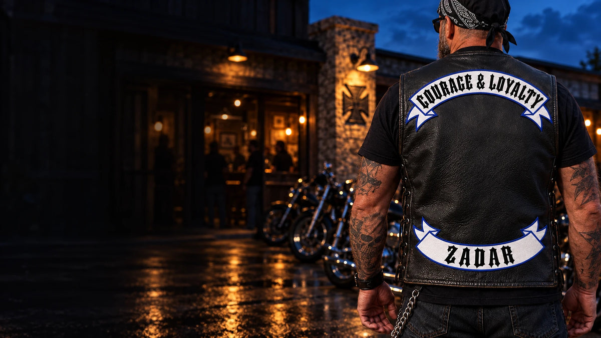 Right-aligned motorcycle club rider wearing custom top and bottom rocker patches on a complete black leather vest outside a clubhouse.