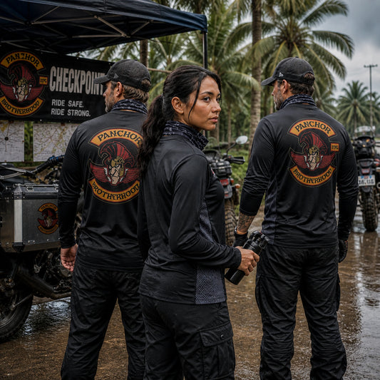 Lightweight performance motorcycle club long-sleeve shirt worn by a rally crew.