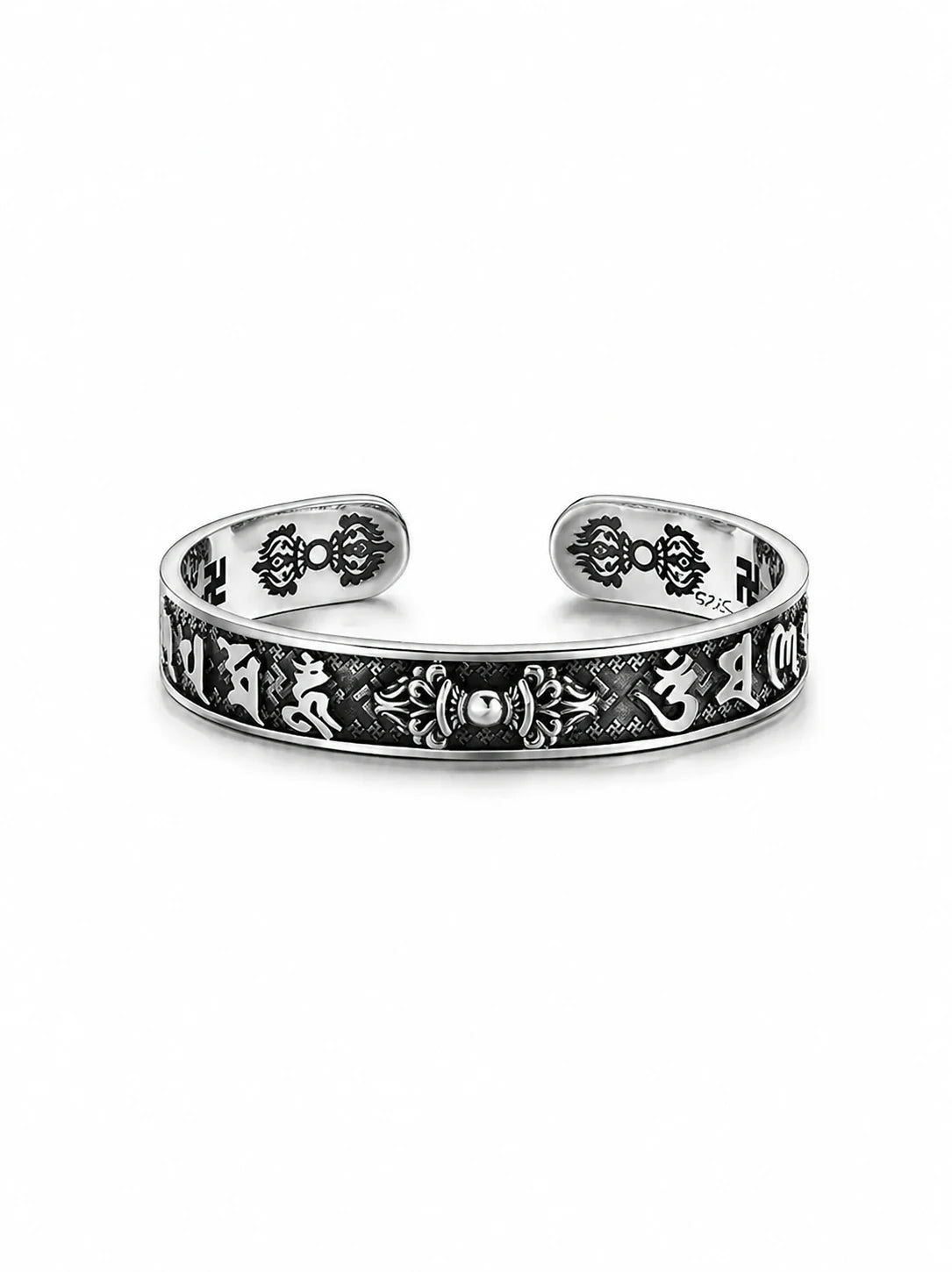 Vajra Mantra Sterling Silver Biker Cuff Bracelet – product view