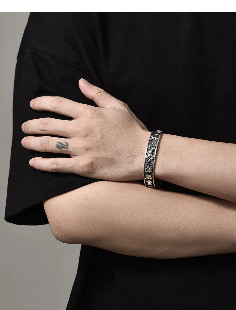 Vajra Mantra Sterling Silver Biker Cuff Bracelet – wear view 02