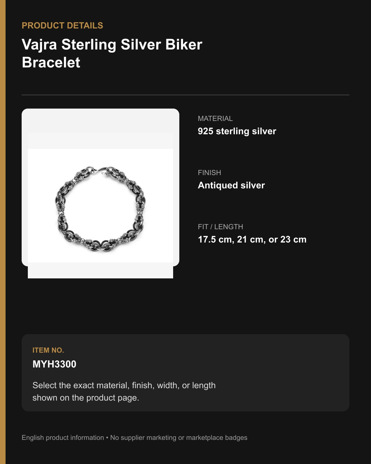 Vajra Sterling Silver Biker Bracelet – English product details