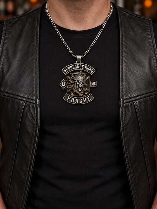 Vengeance Road Prague standard motorcycle club pendant worn at a realistic 36 mm scale on the same rider's chest.