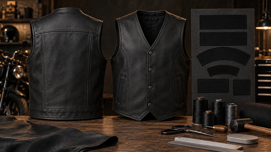 Blank motorcycle club leather vest coordinated with neutral patch shapes and member-identification positions.