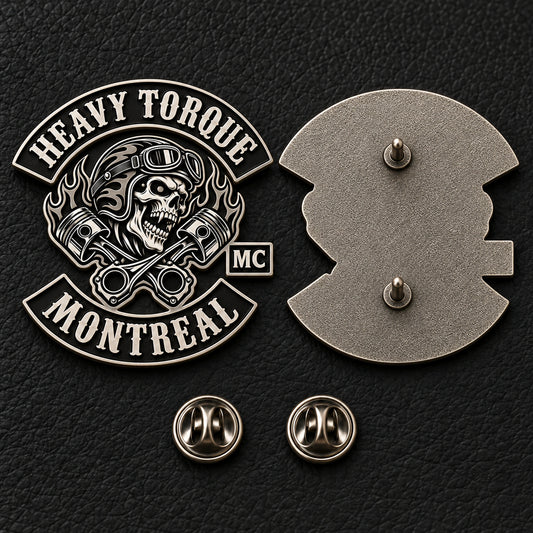Double-post backing securing a motorcycle club pin to a leather vest.
