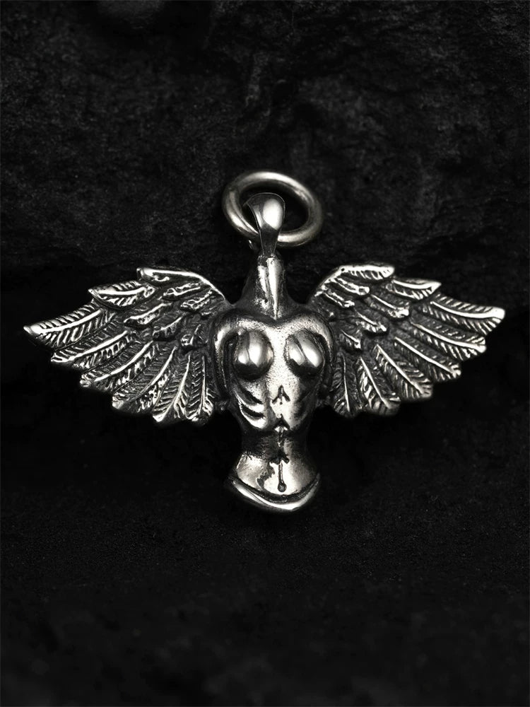 Front view of victory angel sterling silver biker pendant