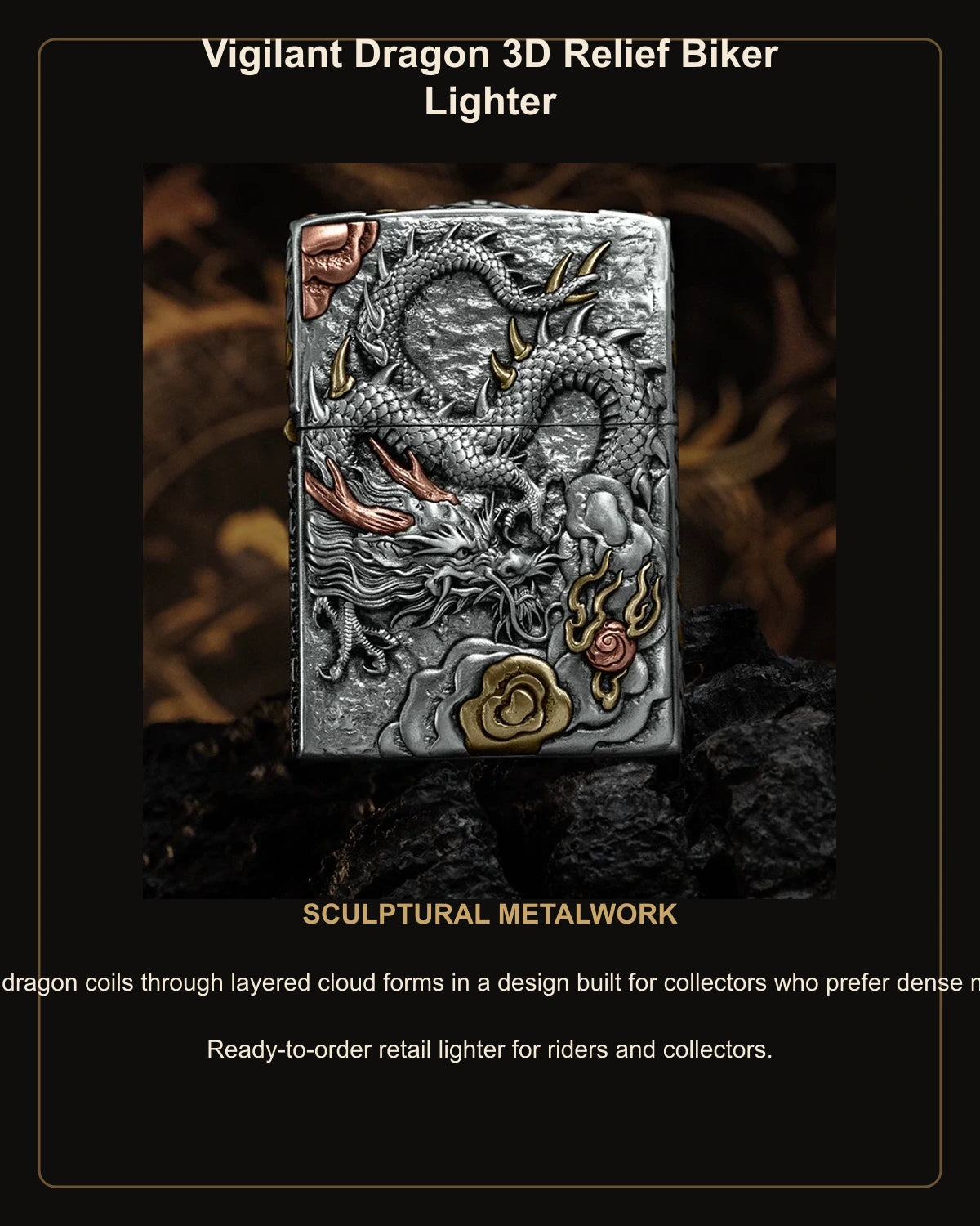 Vigilant Dragon 3D Relief Biker Lighter – English design story