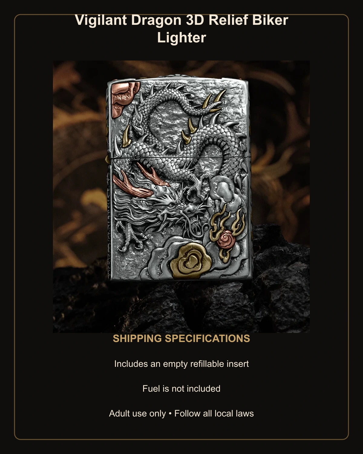 Vigilant Dragon 3D Relief Biker Lighter – empty refillable insert included and no fuel supplied