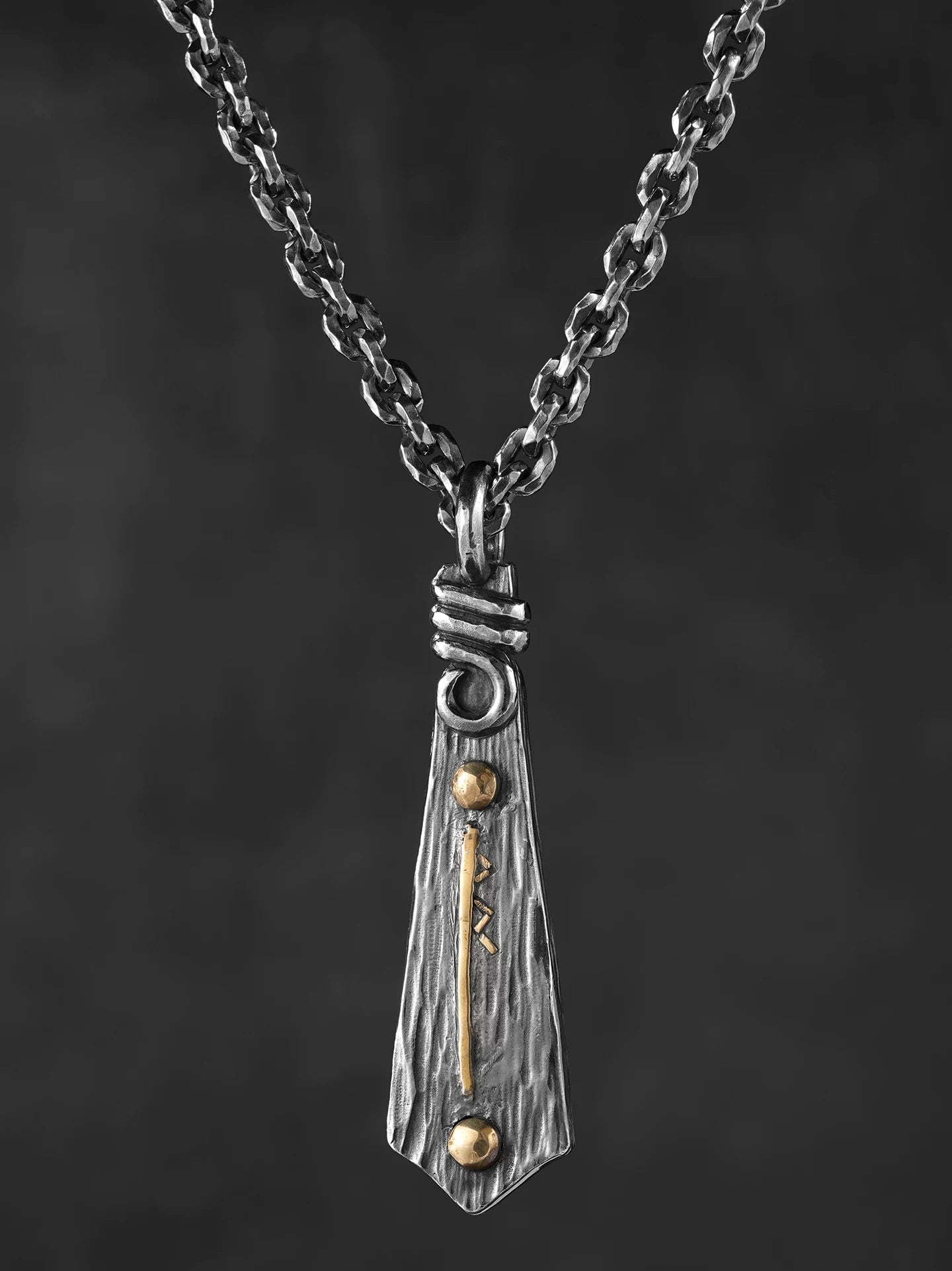Viking rune silver biker pendant complete worn view