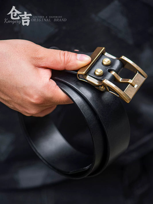 Vintage Black Full-Grain Leather Biker Belt with Brass Buckle – Complete black leather belt
